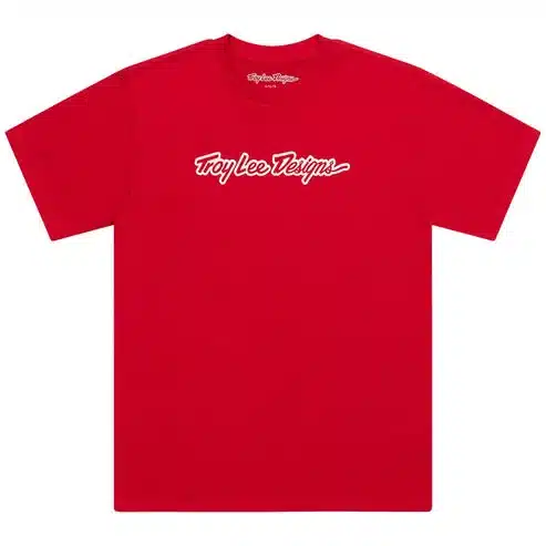 Rotes Kurzarm-T-Shirt mit Troy Lee Designs Logo als Signature-Print auf der Brust.