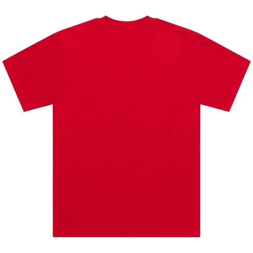 Hinteransicht eines roten Kurzarm-T-Shirts in klassischem Schnitt ohne sichtbare Details.