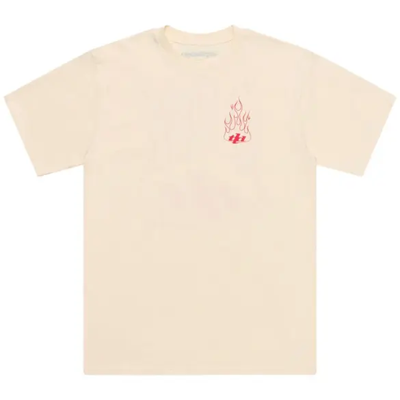 Kurzarm-T-Shirt in Vintage Weiß mit rotem Flammenmotiv auf der Brust