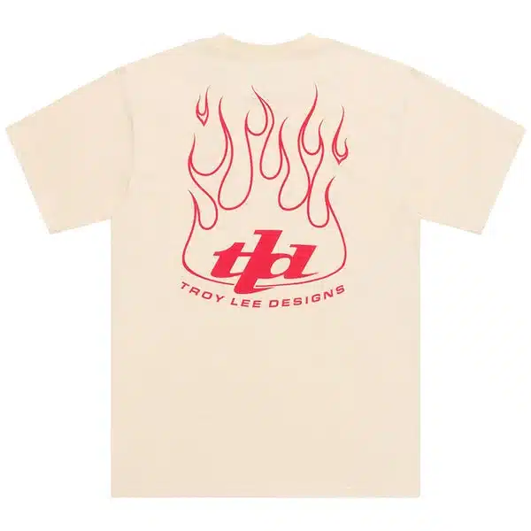 Vintage Weißes Kurzarm-T-Shirt mit rotem Flammen-Motiv und Troy Lee Designs Logo auf dem Rücken.