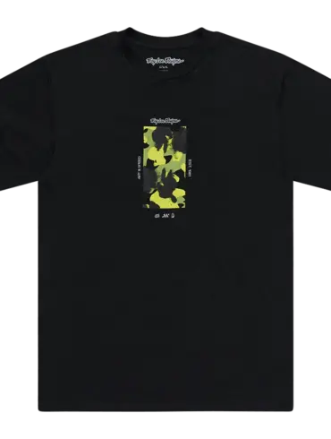 Schwarzes Kurzarm-T-Shirt mit unauffälligem Boxed-Out-Muster in Gelb und Markenlogo in der Mitte; geeignet als Basisschicht für Motorradfahrer