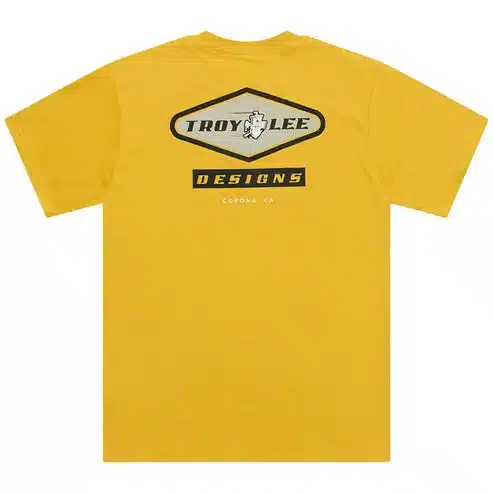 Gelbes Troy Lee Designs Carb Gold T-Shirt mit großem Logo auf dem Rücken.