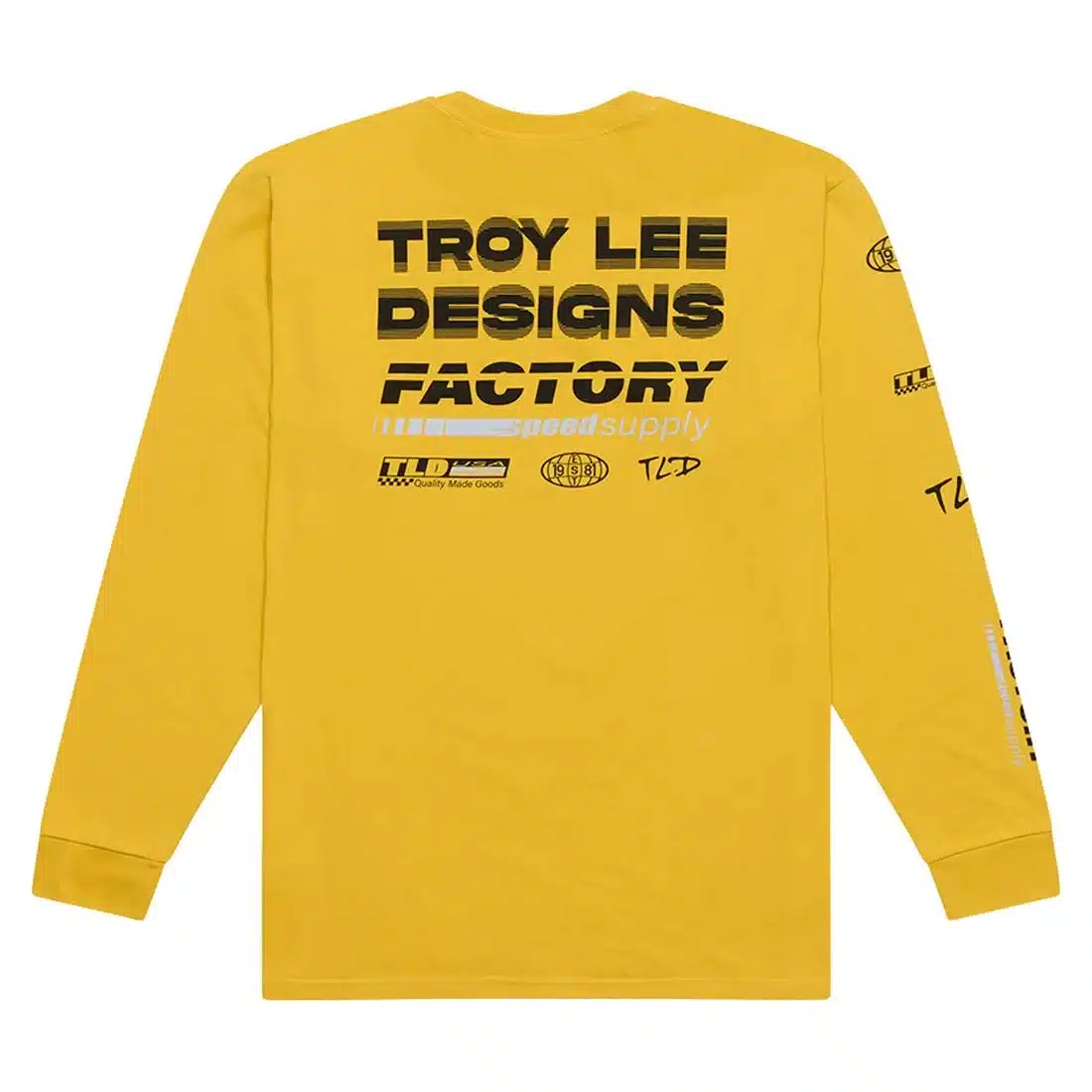 Gelbes Langarmshirt Troy Lee Designs Factory Golden mit auffälligem Rückenaufdruck