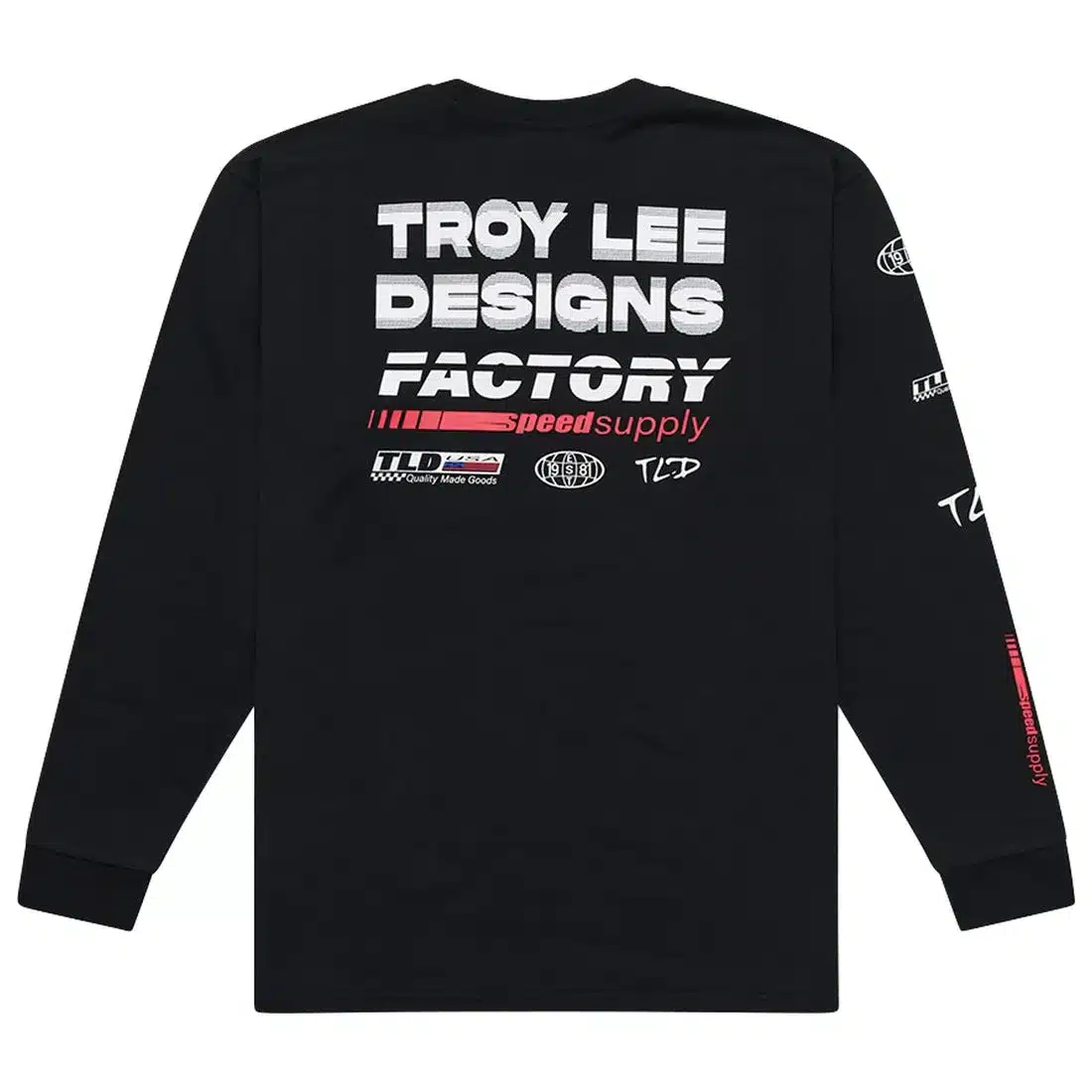 Schwarzes Langarmshirt von Troy Lee Designs Factory mit großem weißen und roten Rückendruck sowie Printdetails an den Ärmeln.