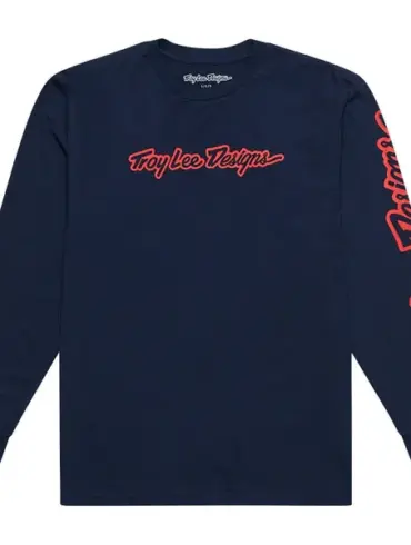 Navyblaues Langarm-T-Shirt Troy Lee Designs mit rotem Schriftzug auf Brust und Ärmel
