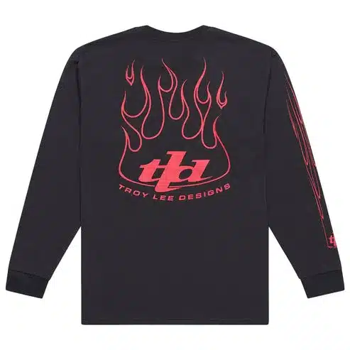 Schwarzes langärmeliges Shirt 'Torched Carbon' von Troy Lee Designs mit rotem Flammendesign und Logo auf dem Rücken.