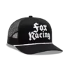 Schwarzes Fox Racing New Age Mesh Trucker Cap mit weißem Schriftzug und Seildetail
