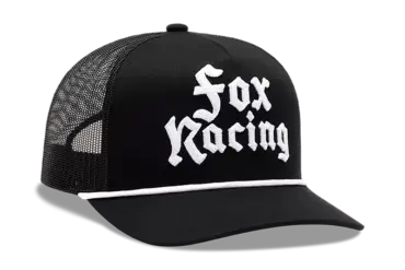 Schwarzes Fox Racing New Age Mesh Trucker Cap mit weißem Schriftzug und Seildetail