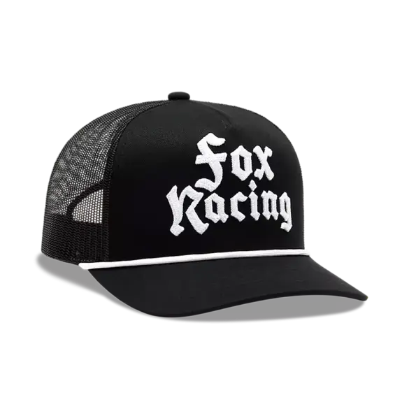 Schwarzes Fox Racing New Age Mesh Trucker Cap mit weißem Schriftzug und Seildetail