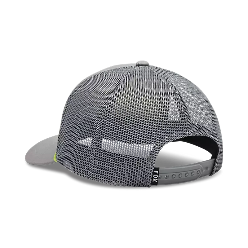 Rückseite einer hellgrauen Trucker Cap mit Mesh und Snapback-Verschluss