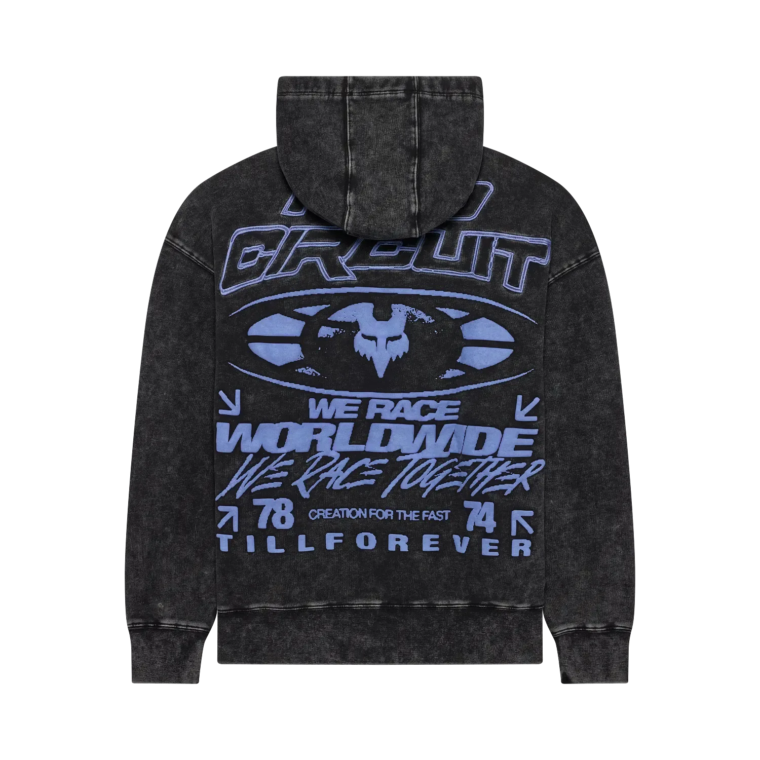 Pro Circuit Hoodie von hinten, schwarzer Fleece mit großem blauen Grafikprint und Kapuze.
