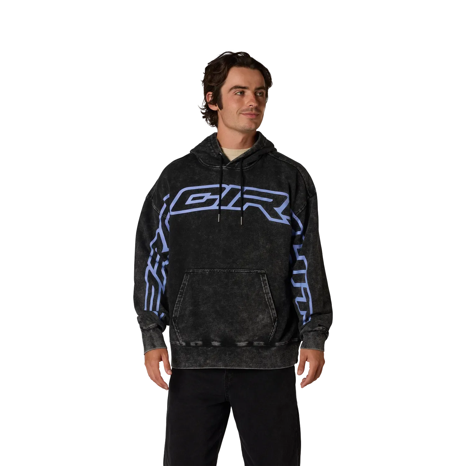 Mann trägt Pro Circuit Pullover Hoodie in Schwarz mit blauen Grafiken und Kängurutasche