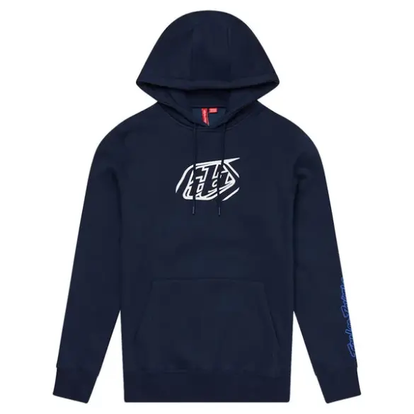 Dunkelblauer Hoodie mit weißem Abzeichen-Logo von Troy Lee Designs, Kapuze und Kängurutasche