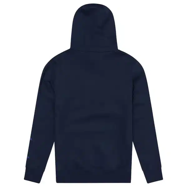 Dunkelblauer Hoodie mit Kapuze, Rückansicht ohne sichtbares Abzeichen.