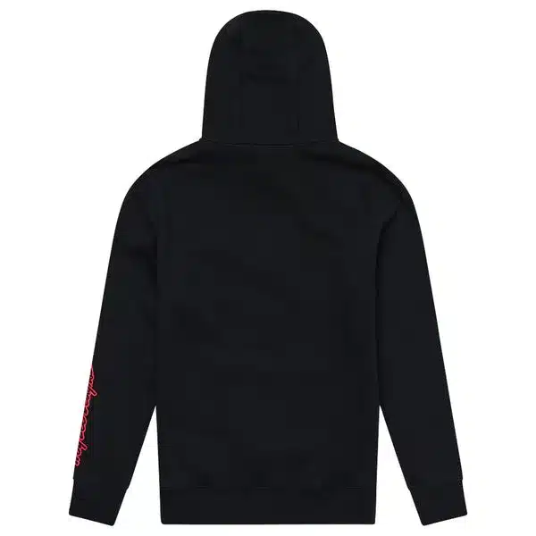 Schwarzer Kapuzenpullover von hinten, mit Kapuze und rotem Schriftzug am linken Ärmel.