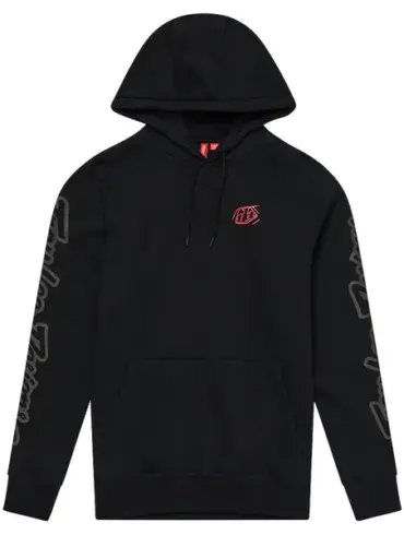 Schwarzer Pullover Hoodie mit Logo auf der Brust und Schriftzug an den Ärmeln, Rückansicht neutraler Hintergrund.