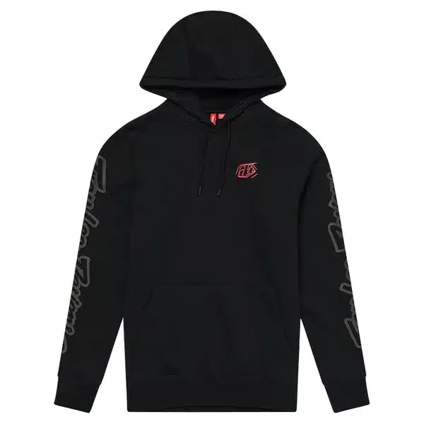 Schwarzer Pullover Hoodie mit Logo auf der Brust und Schriftzug an den Ärmeln, Rückansicht neutraler Hintergrund.