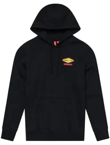 Schwarzer Troy Lee Designs Pullover Hoodie Carb Black mit Kapuze, Logo auf der Brust und Kängurutasche.