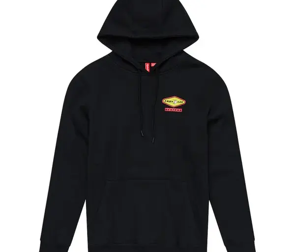 Schwarzer Troy Lee Designs Pullover Hoodie Carb Black mit Kapuze, Logo auf der Brust und Kängurutasche.