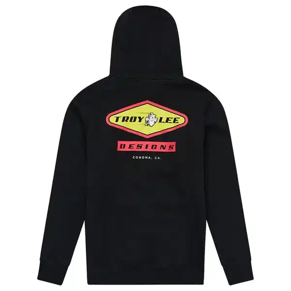 Rückansicht des schwarzen Troy Lee Designs Pullover Hoodies Carb Black mit auffälligem Logo-Print.