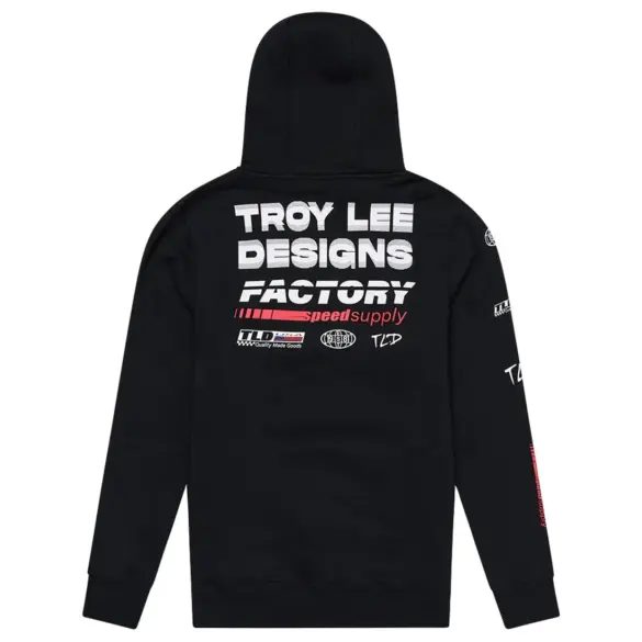 Schwarzer Troy Lee Designs Factory Kapuzenpullover mit weißen und roten Logos und Schriftzügen auf dem Rücken.
