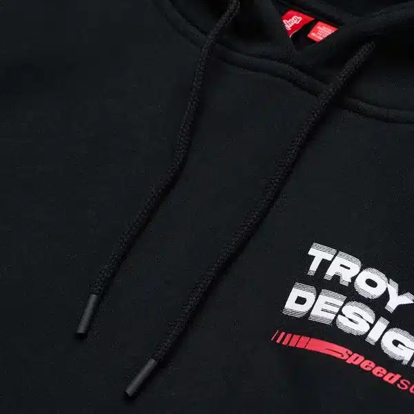 Schwarzer Troy Lee Designs Hoodie mit weiß-rotem Logo-Print und Kordelzug