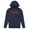 Pullover Hoodie Fade Out Navy Heather in Dunkelblau mit rotem Farbverlauf-Motiv und Kapuze, Vorderansicht.