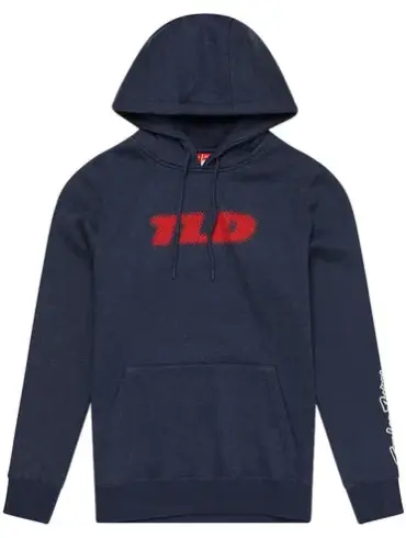 Pullover Hoodie Fade Out Navy Heather in Dunkelblau mit rotem Farbverlauf-Motiv und Kapuze, Vorderansicht.