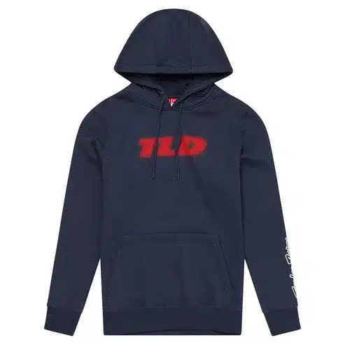 Pullover Hoodie Fade Out Navy Heather in Dunkelblau mit rotem Farbverlauf-Motiv und Kapuze, Vorderansicht.