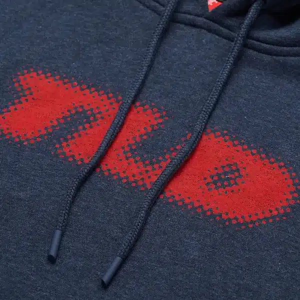 Detailansicht eines blauen Kapuzenpullovers mit rotem Fade Out Motiv und Kordeln.