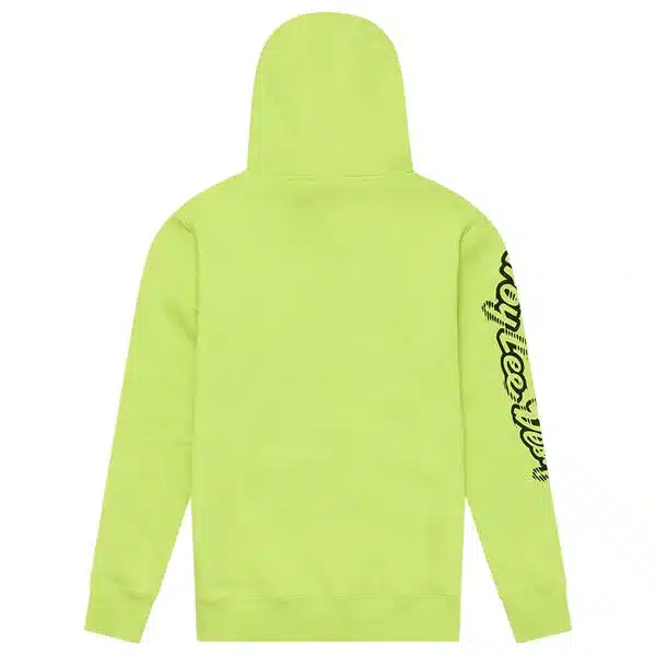 Glo-Yellow Hoodie, Rückansicht, mit auffälligem Schriftzug am rechten Ärmel
