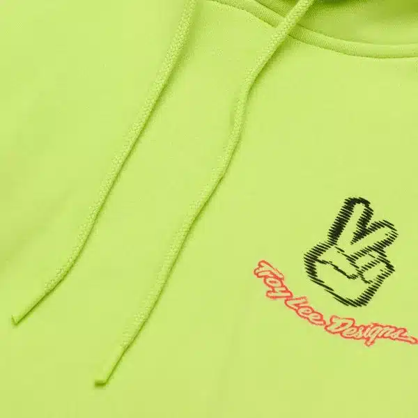 Glo-Yellow Hoodie mit Peace-Out Motiv und Troy Lee Designs Schriftzug auf der Brust