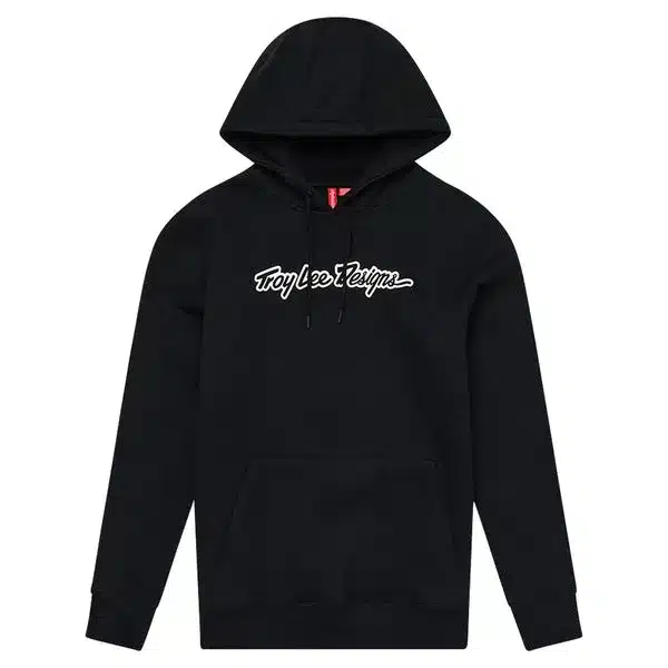Schwarzer Hoodie mit Troy Lee Designs Logo und Kapuze, Vorderansicht