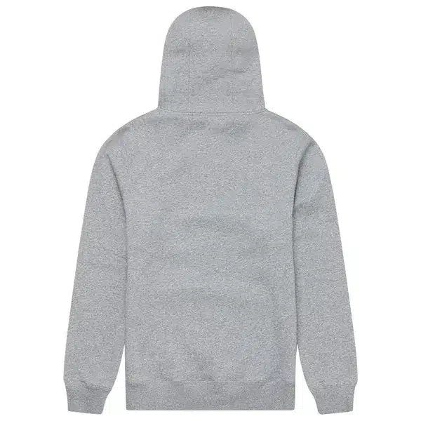 Grauer Kapuzenpullover in Rückansicht mit schlichter Kapuze und ohne Aufdruck.