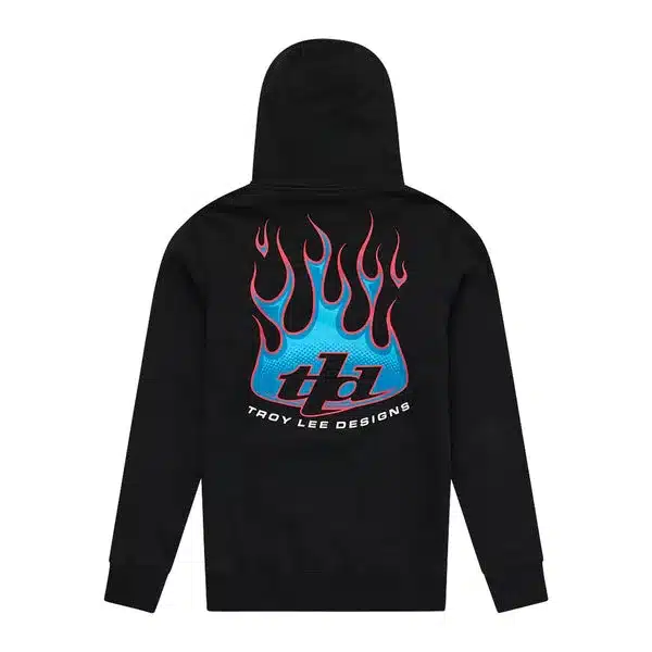 Schwarzer Troy Lee Designs Hoodie, Rückansicht mit blau-rotem Flammenmotiv und Logo.