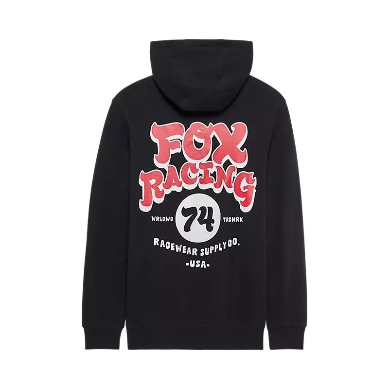 Schwarzer Hoodie mit auffälligem Fox Racing 74 Rückendruck im Vintage-Stil.