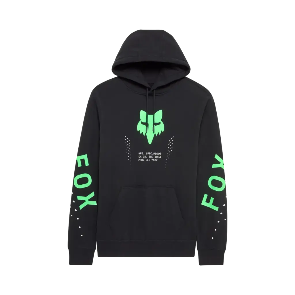 Fox Shield Pullover Hoodie in Schwarz mit grünen Grafiken auf Brust und Ärmeln, Kapuze und Kängurutasche.