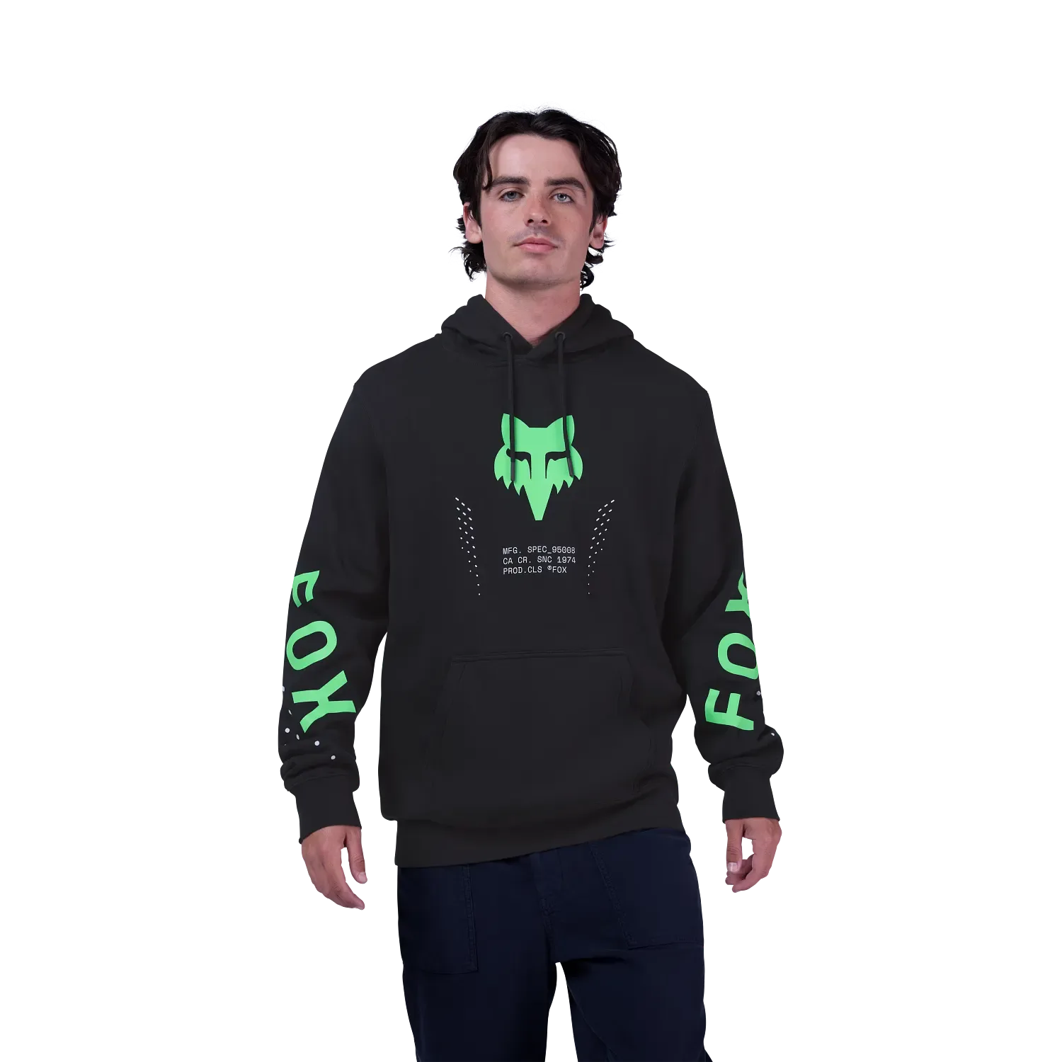 Fox Shield Pullover Hoodie für Motorradfahrer, schwarz mit grünem Fox-Logo, vorne und an den Ärmeln bedruckt