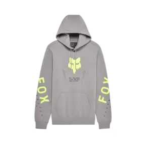 Fox Shield Pullover Hoodie aus grauem Fleece mit gelbem Fox-Logo und Schriftzug an den Ärmeln