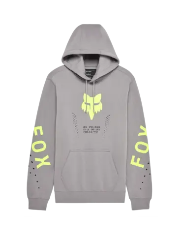 Fox Shield Pullover Hoodie aus grauem Fleece mit gelbem Fox-Logo und Schriftzug an den Ärmeln
