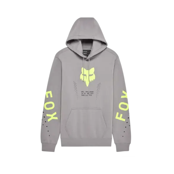 Fox Shield Pullover Hoodie aus grauem Fleece mit gelbem Fox-Logo und Schriftzug an den Ärmeln