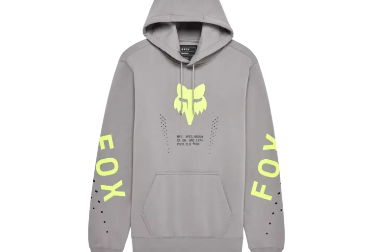Fox Shield Pullover Hoodie aus grauem Fleece mit gelbem Fox-Logo und Schriftzug an den Ärmeln