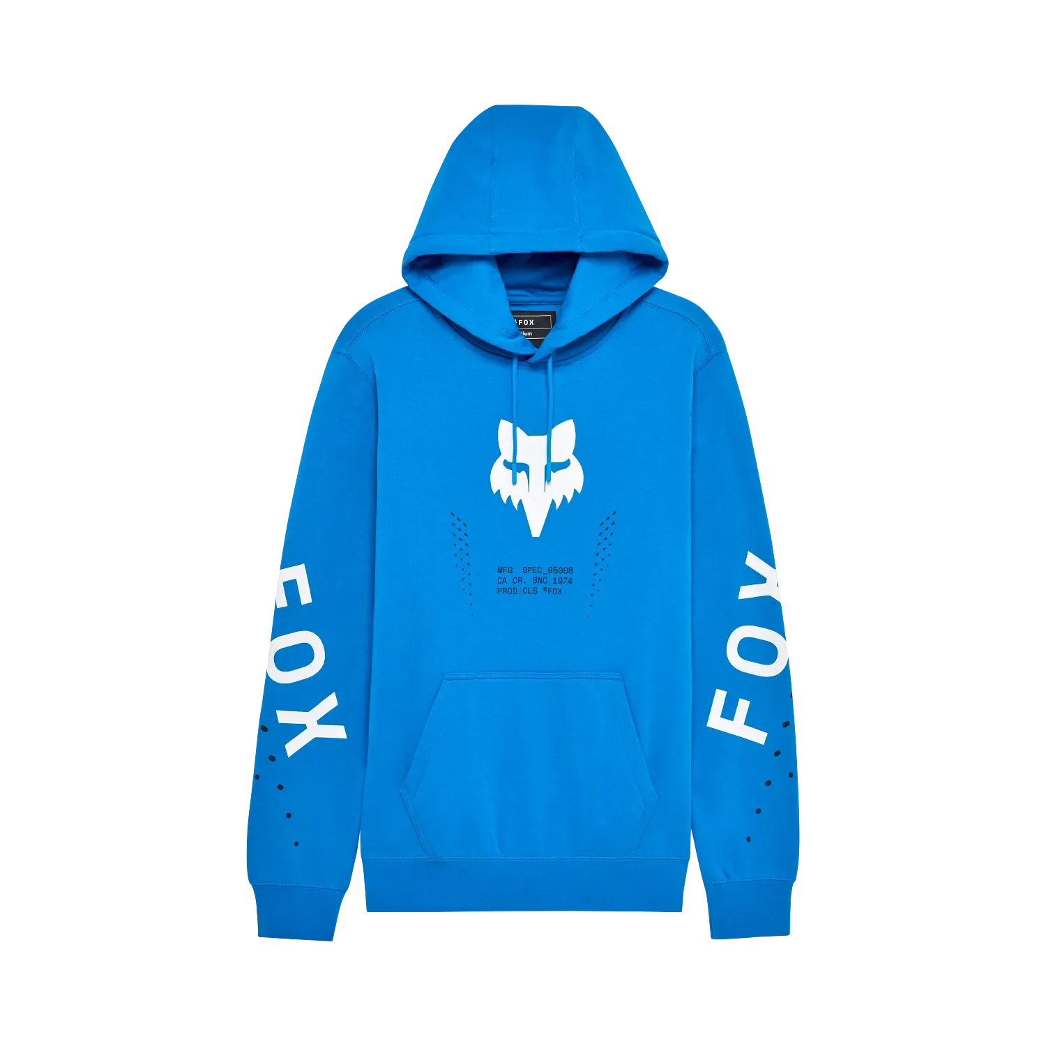 Blauer Fox Shield Pullover Hoodie mit weißen Logos auf Brust und Ärmeln, verstellbarer Kapuze und Kängurutasche.