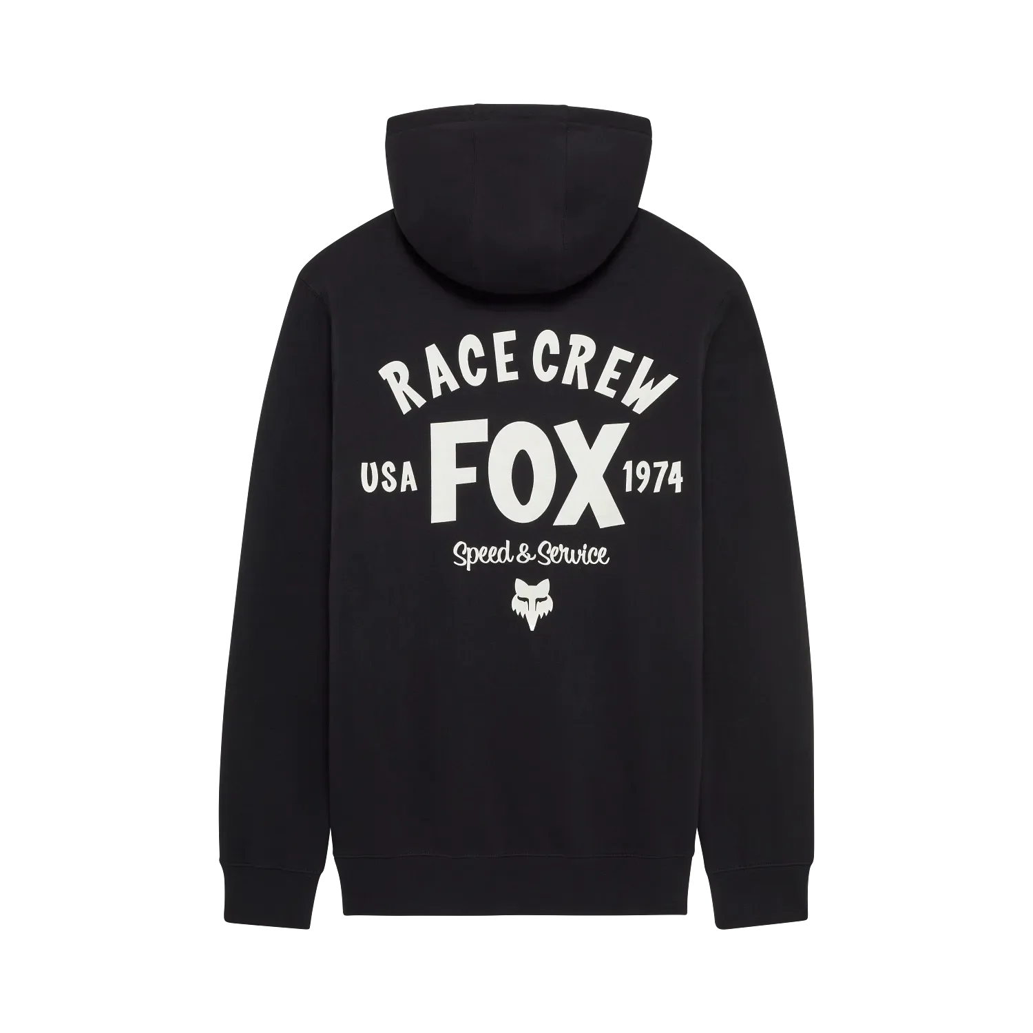 Schwarzer Fox Racing Slogan Pullover Hoodie mit auffälligem weißen Schriftzug auf dem Rücken.