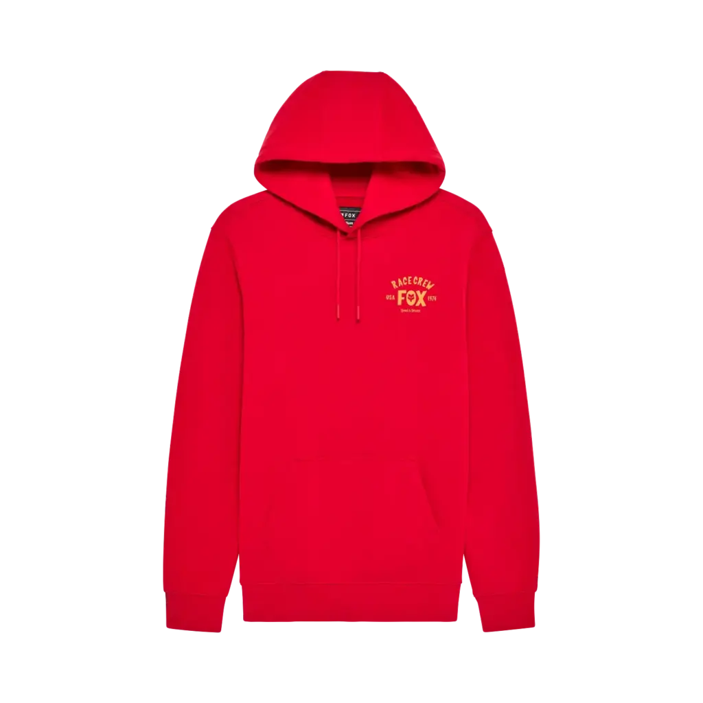 Roter Hoodie von Fox Racing mit Kapuze, Kängurutasche und Logo-Aufdruck auf der linken Brust.