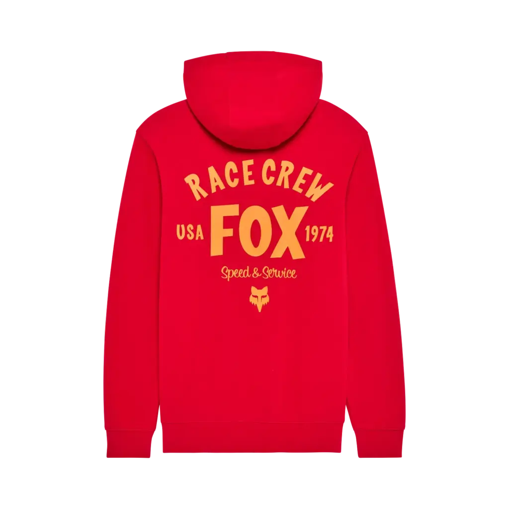 Fox Racing Slogan Pullover Hoodie in Rot mit Kapuze und gelber Rückengrafik RACE CREW USA FOX 1974 Speed & Service