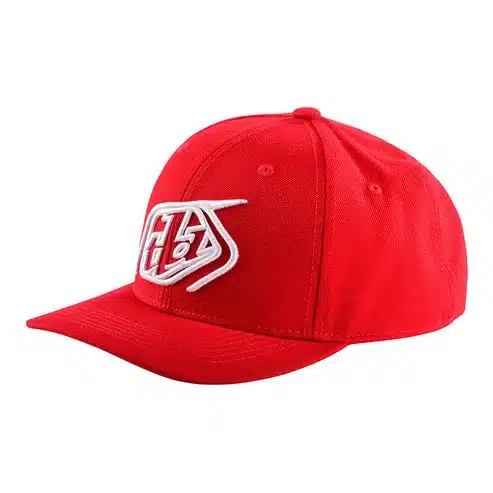 Rote Snapback-Mütze Crop mit weißem Troy Lee Designs-Logo, seitliche Ansicht