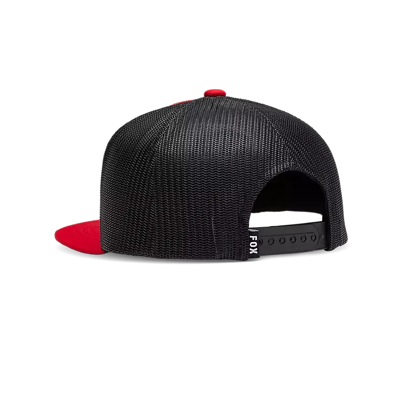 Rückansicht einer schwarz-roten Snapback-Kappe mit Mesh und verstellbarem Verschluss