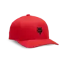 Rote Snapback-Kappe mit mittigem schwarzen Logo und gebogenem Schirm.