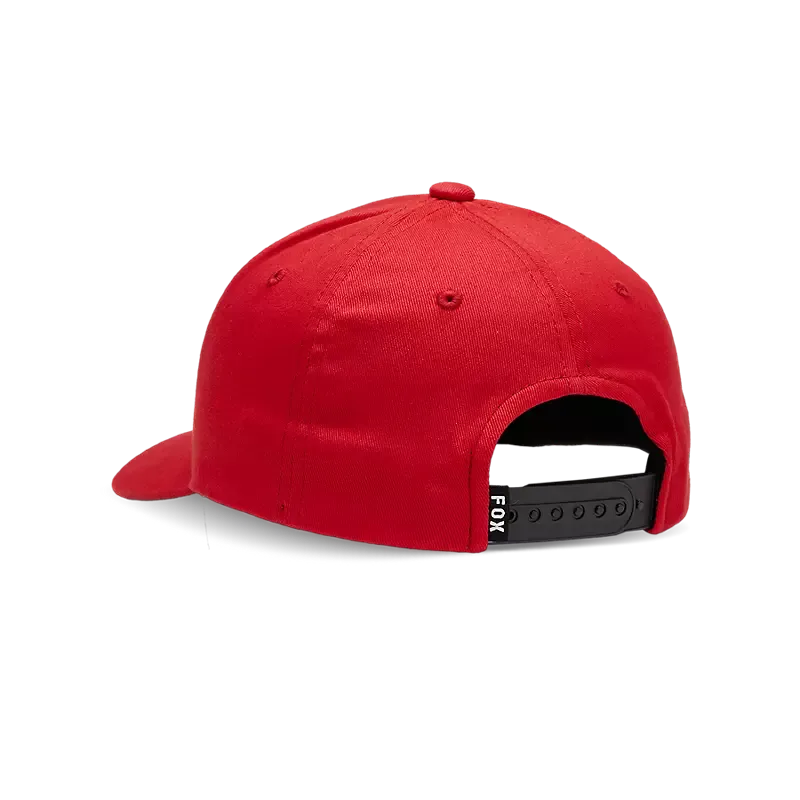 Rote Snapback-Kappe von hinten mit schwarzem, verstellbarem Verschluss und FOX-Logo am Verschluss
